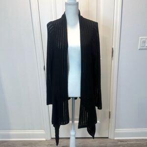 Jones New York Long Duster Cardigan Black Knit Crochet Open Front Size XL